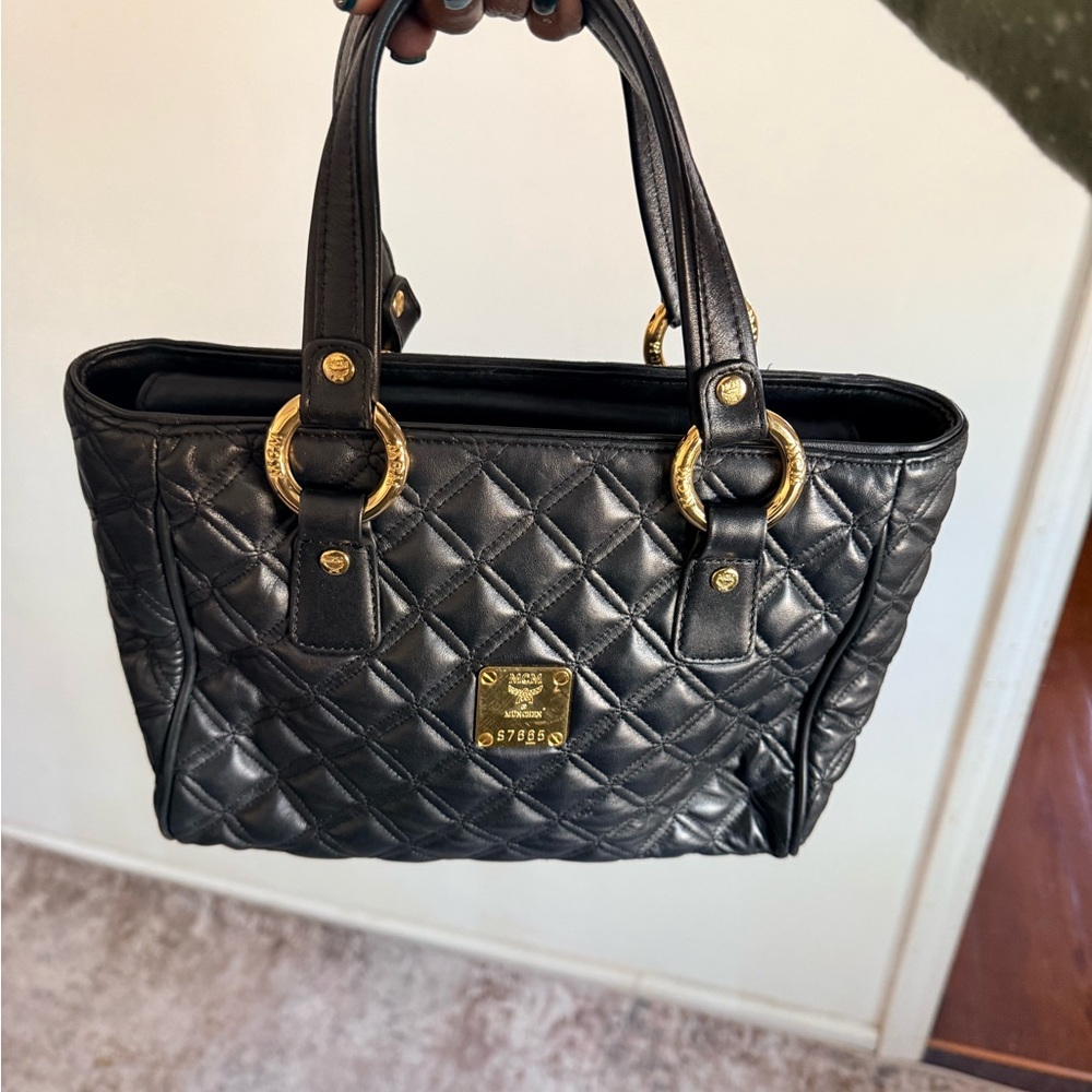 MCM Black Quilted Leather Satchel with Gold Hardware